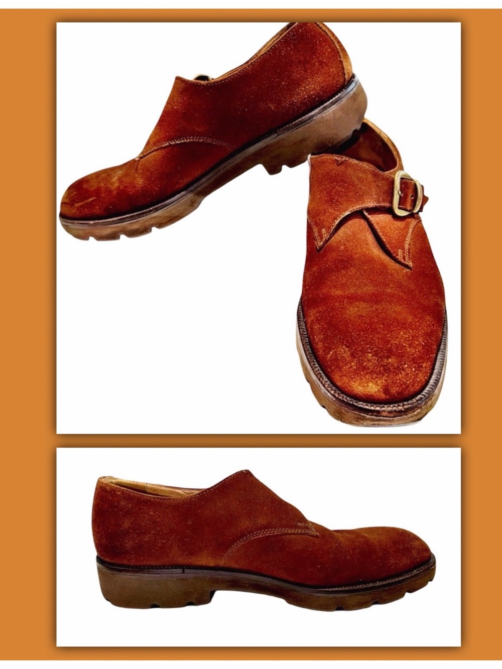 Charles Jourdan Men’s Suede Monk Strap Shoes Cognac Brown Lug Sole Luxury 10.5